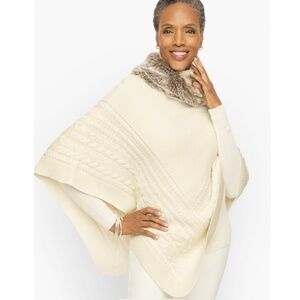 Talbots Faux Fur Cable Knit Poncho Ivory EUC